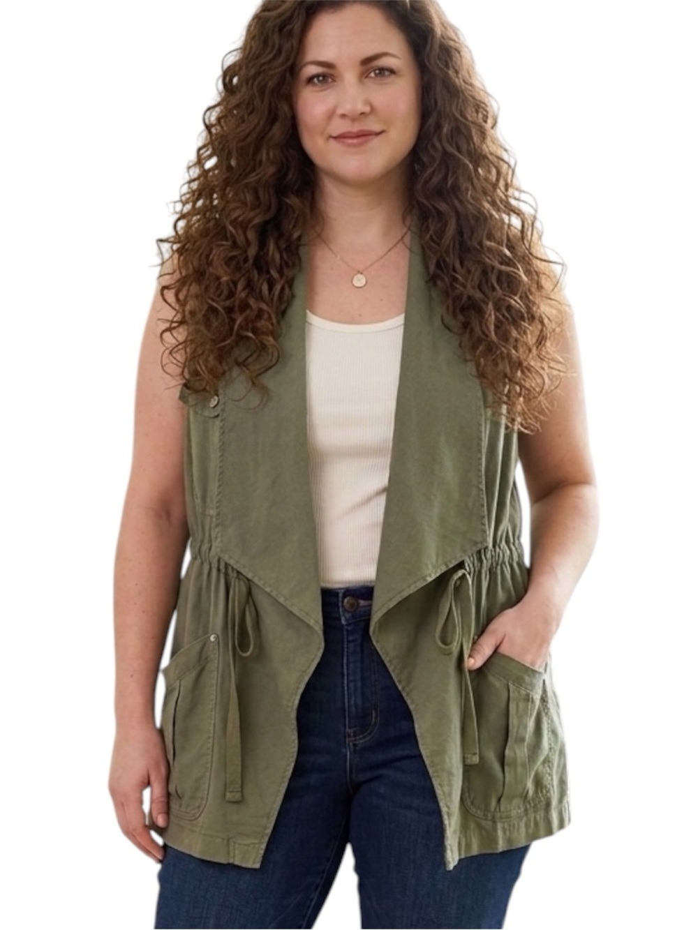 Linen Blend Army Green Utility Cargo Safari Draped Open Front Vest Size 1X